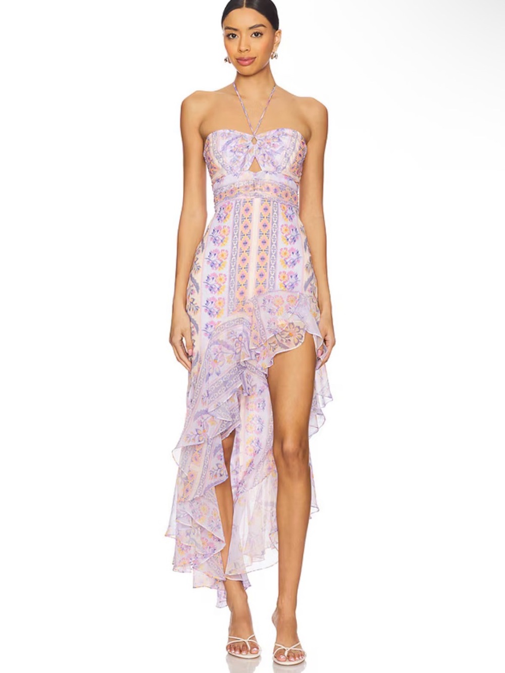Amanda Uprichard Lilac & Peach Strapless High-Low Ruffle Estrada Dress Large